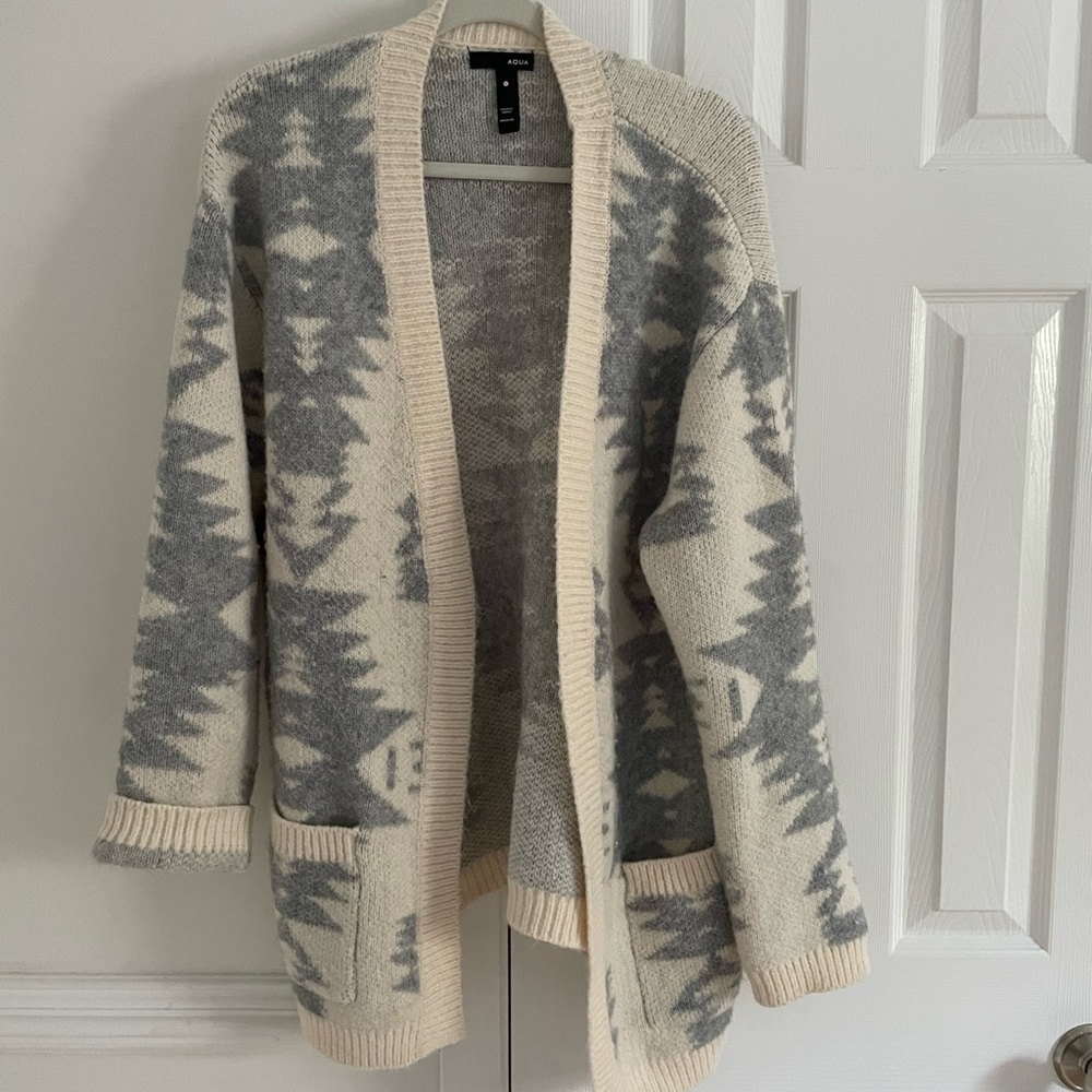 Aqua Wool Open Cardigan Aztec Tribal Print - Picture 2 of 5